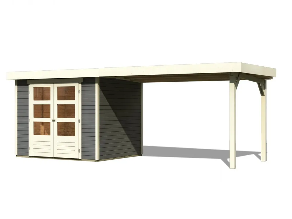 Wochenendangebot dřevěný domek KARIBU ASKOLA 3 + přístavek 280 cm (82924) tm. šedý