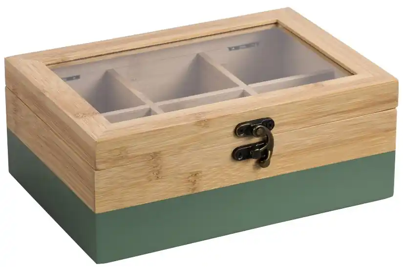 Organizér na čaje, 6 přihrádek, 21,5 x 15 x 8,5 cm, bambus, zelený KESPER 58941 Schnäppchen